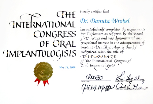 Certyfikat Diplomate of The International Congress of Oral Implantologists