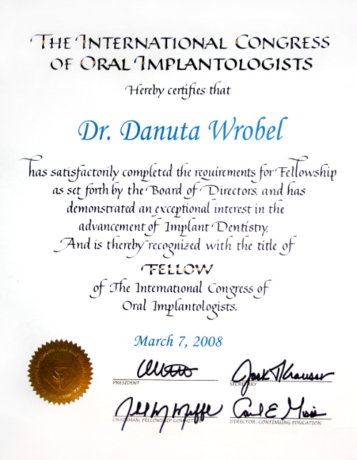 Certyfikat Fellow of The International Congress of Oral Implantologists